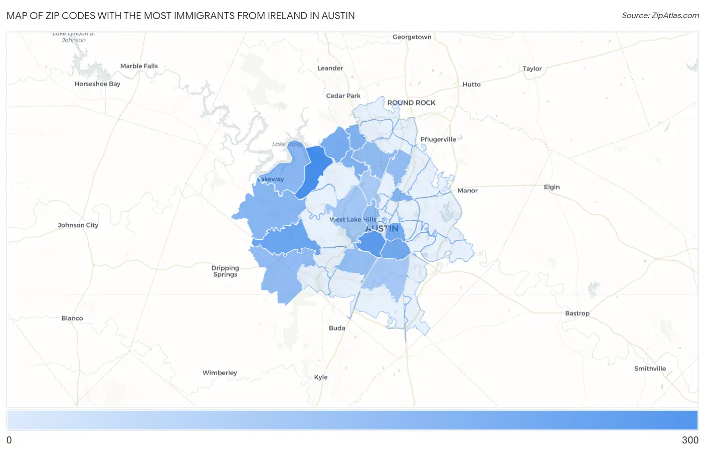 Zip Codes with the Most Immigrants from Ireland in Austin Map