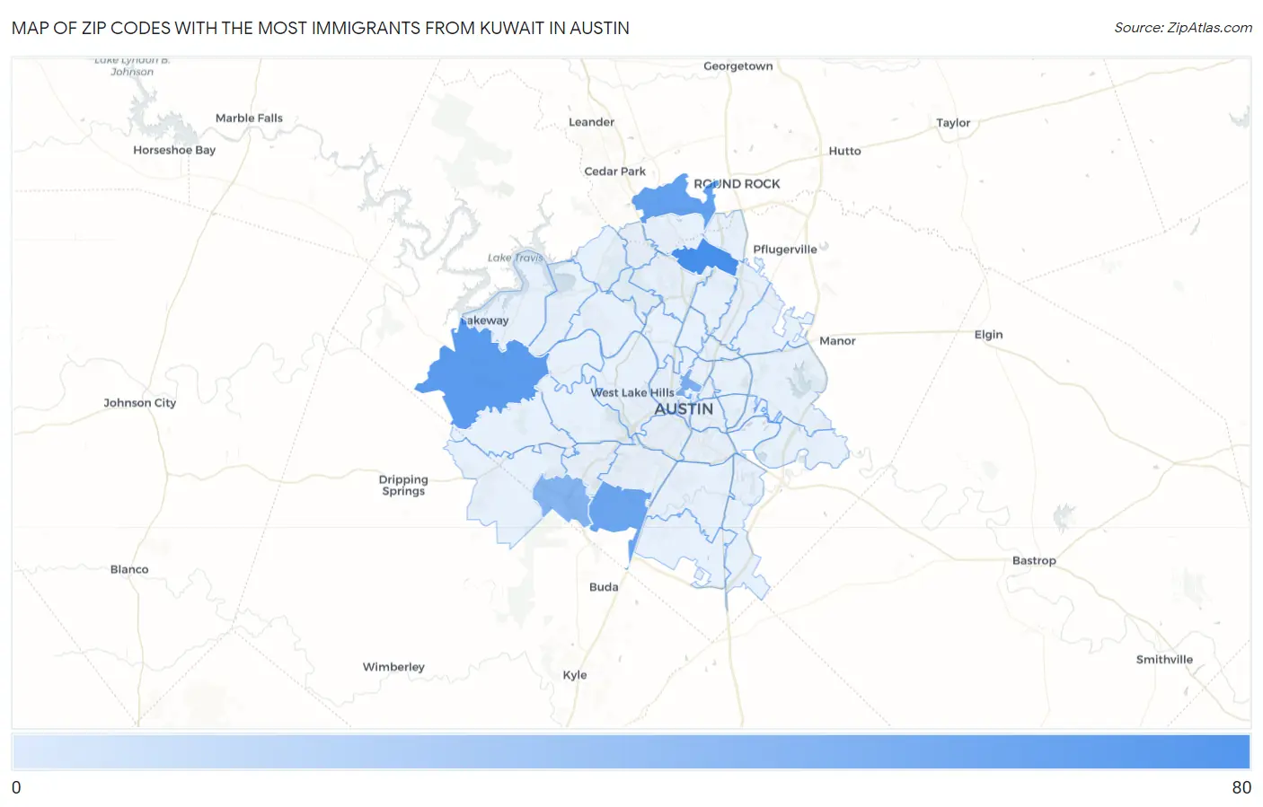 Zip Codes with the Most Immigrants from Kuwait in Austin Map