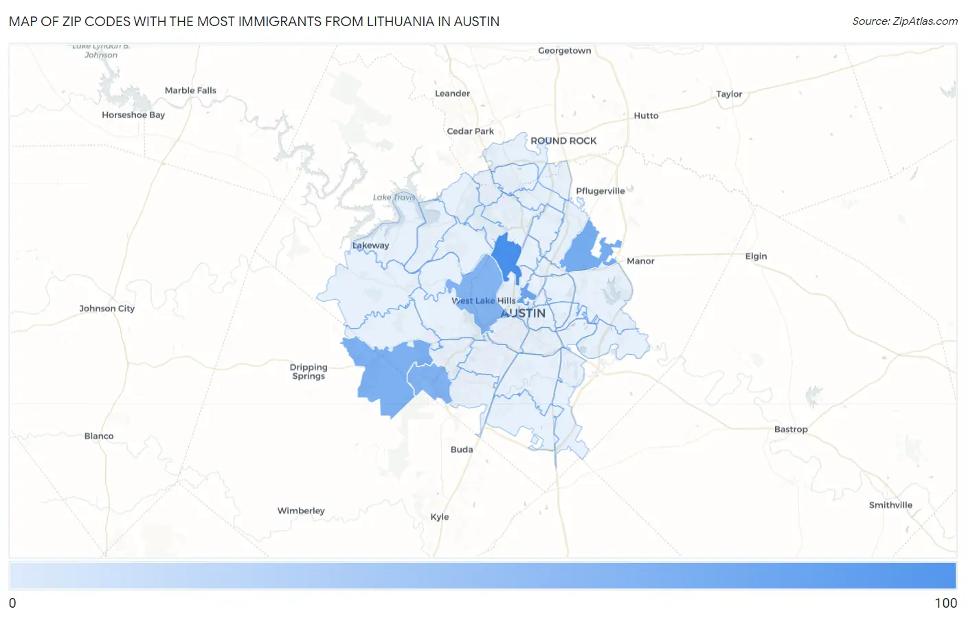 Zip Codes with the Most Immigrants from Lithuania in Austin Map