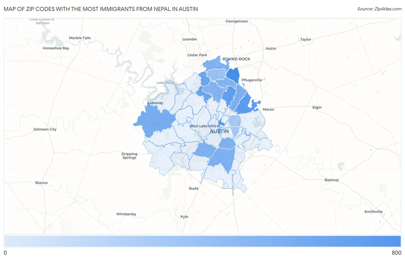 Zip Codes with the Most Immigrants from Nepal in Austin Map