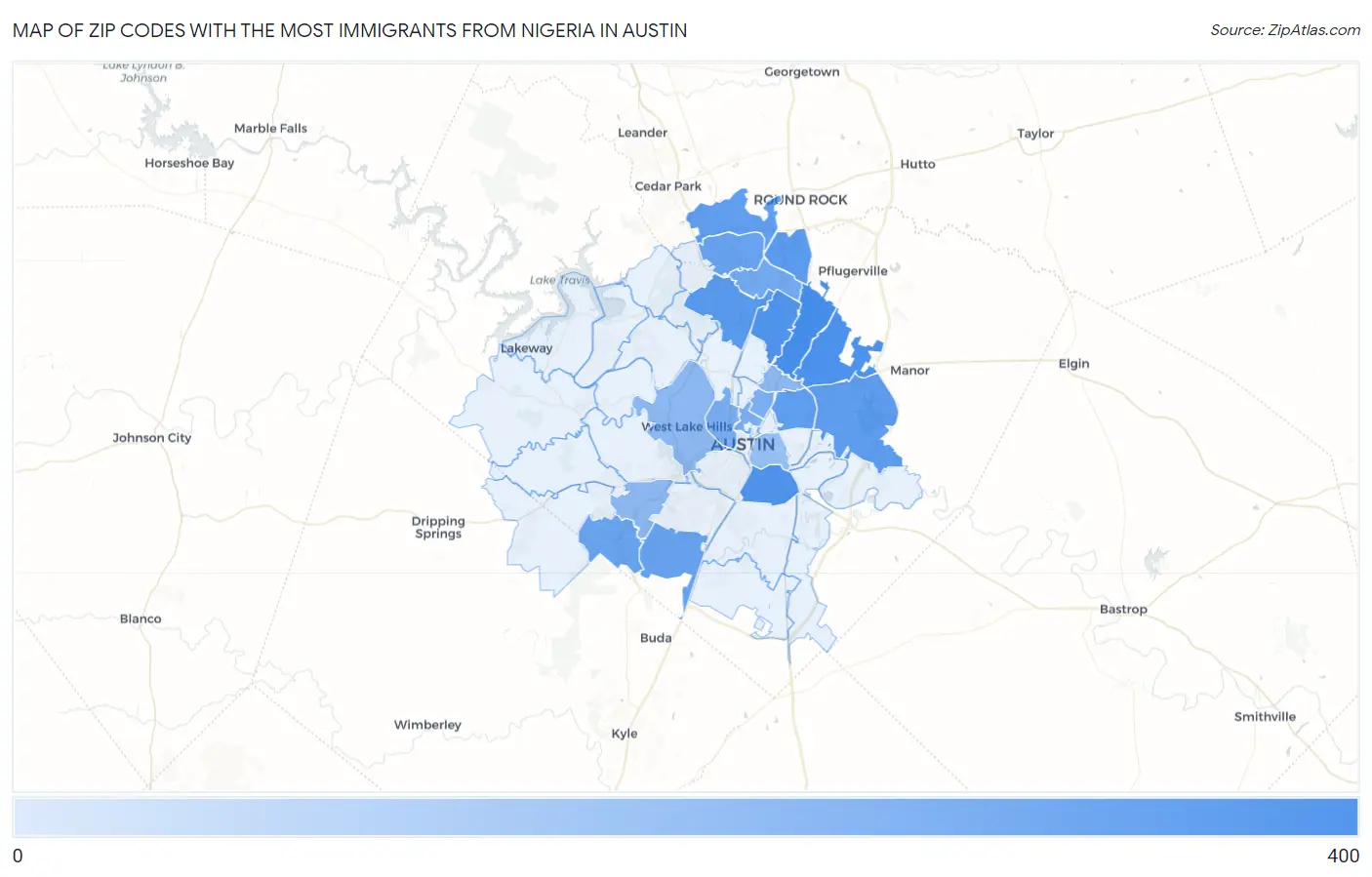 Zip Codes with the Most Immigrants from Nigeria in Austin Map