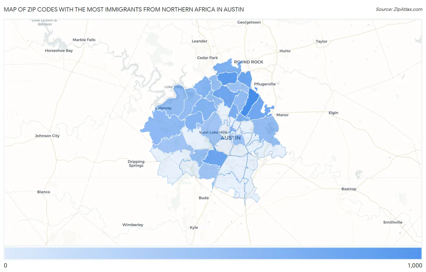 Zip Codes with the Most Immigrants from Northern Africa in Austin Map