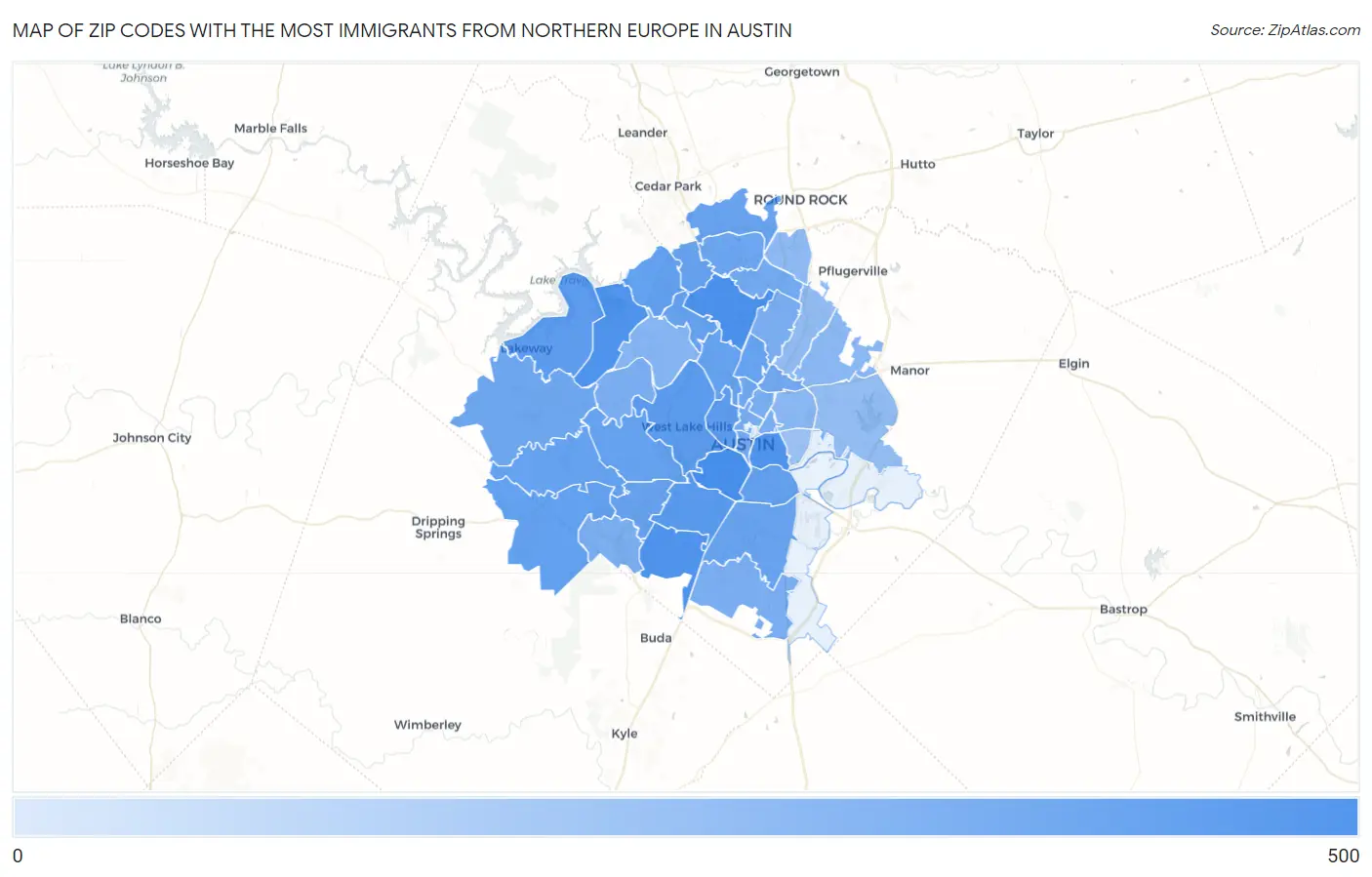 Zip Codes with the Most Immigrants from Northern Europe in Austin Map