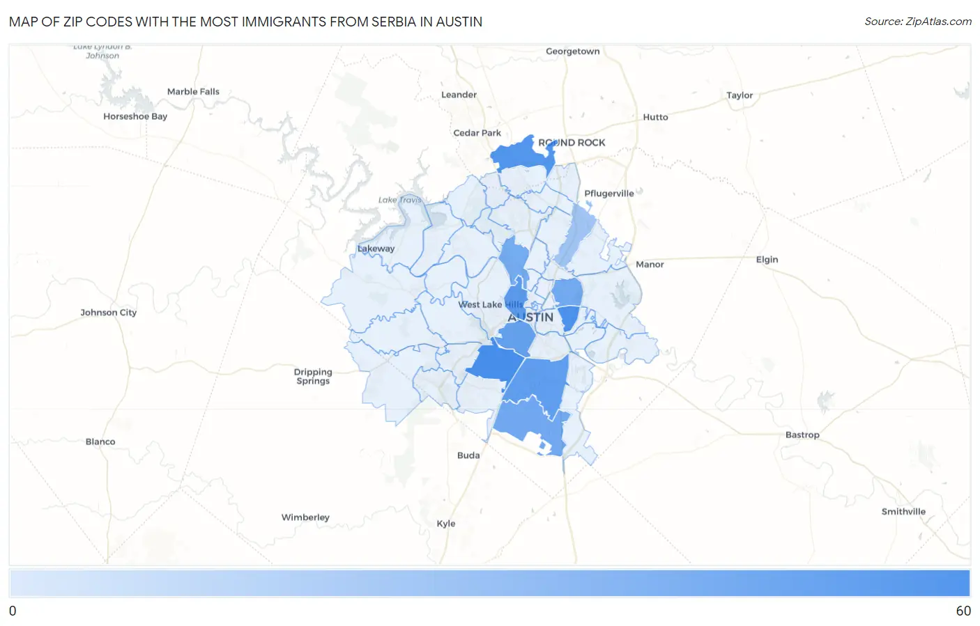 Zip Codes with the Most Immigrants from Serbia in Austin Map