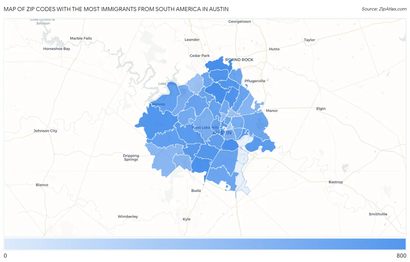 Zip Codes with the Most Immigrants from South America in Austin Map