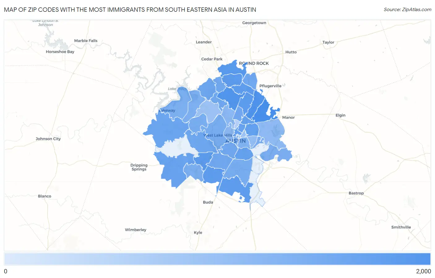 Zip Codes with the Most Immigrants from South Eastern Asia in Austin Map