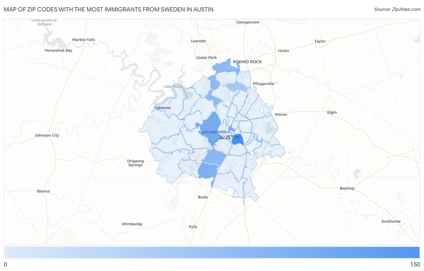 Zip Codes with the Most Immigrants from Sweden in Austin Map
