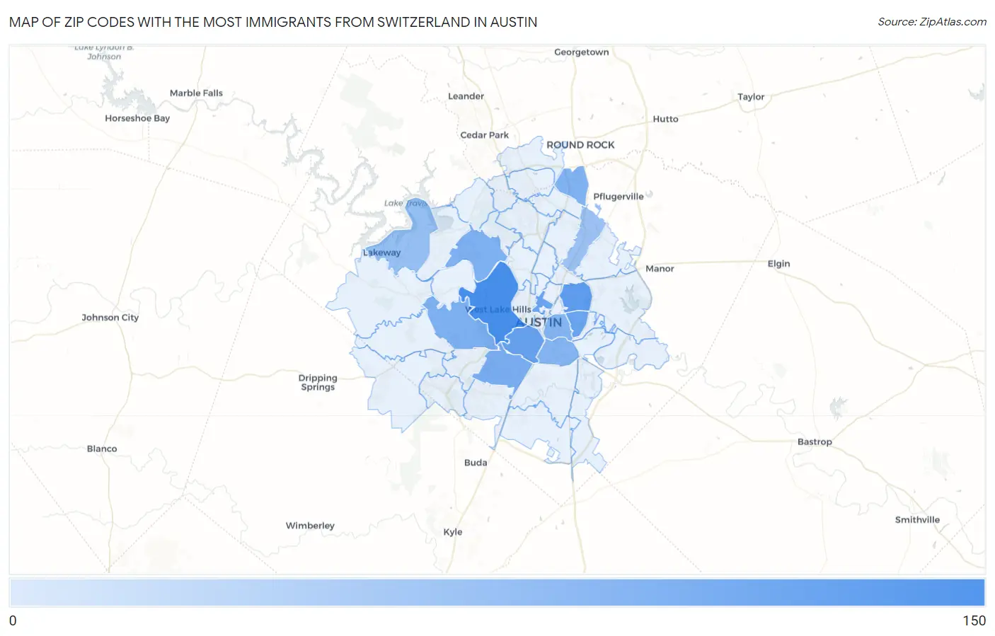 Zip Codes with the Most Immigrants from Switzerland in Austin Map