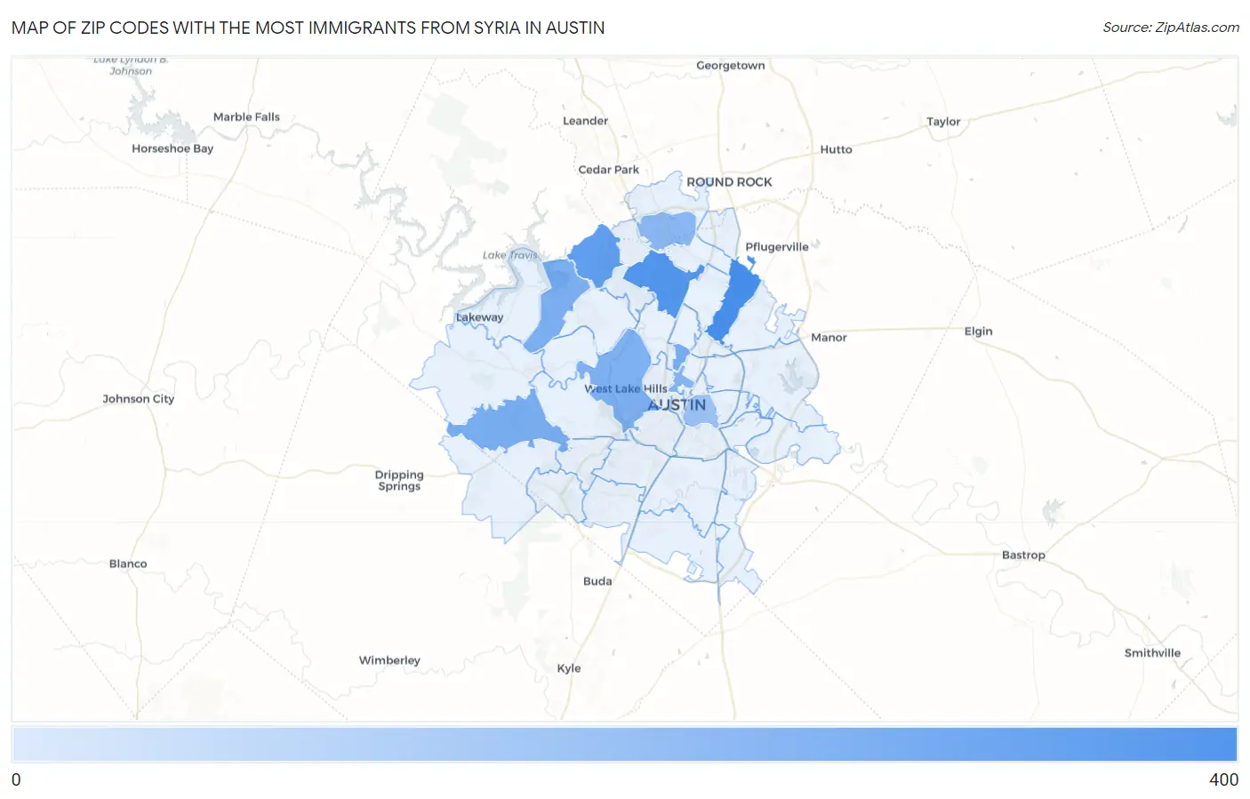 Zip Codes with the Most Immigrants from Syria in Austin Map
