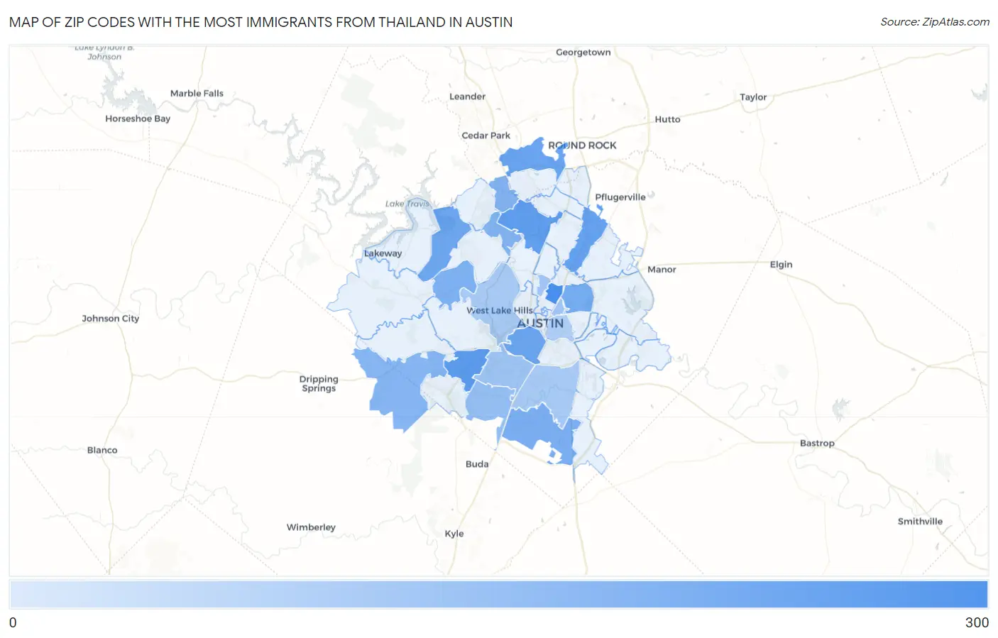 Zip Codes with the Most Immigrants from Thailand in Austin Map