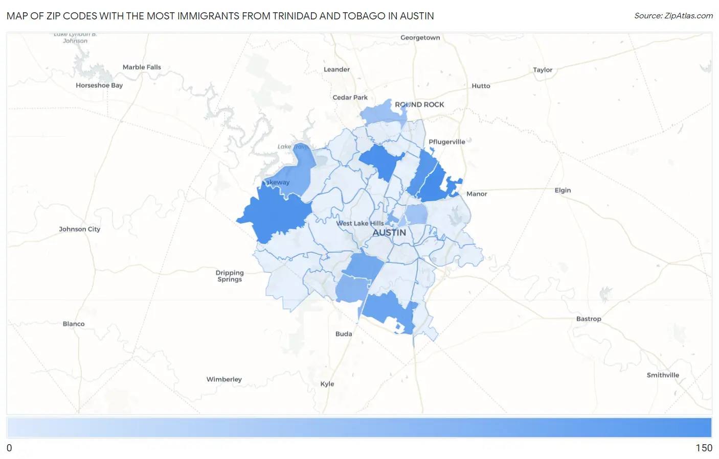 Zip Codes with the Most Immigrants from Trinidad and Tobago in Austin Map