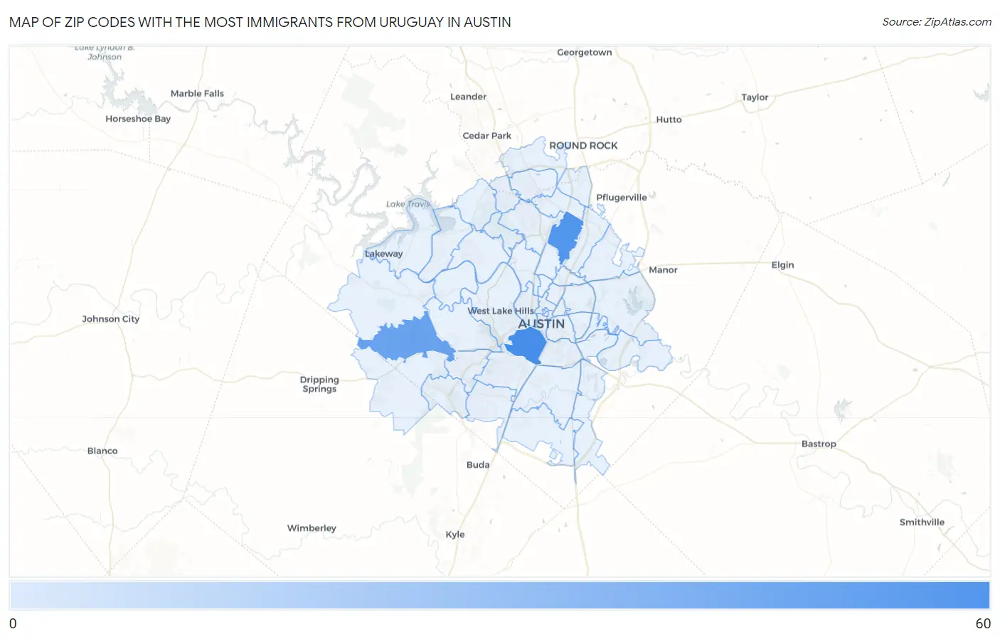 Zip Codes with the Most Immigrants from Uruguay in Austin Map