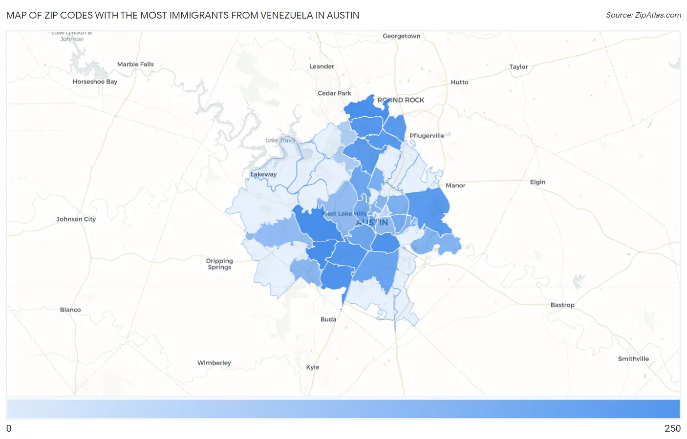 Zip Codes with the Most Immigrants from Venezuela in Austin Map
