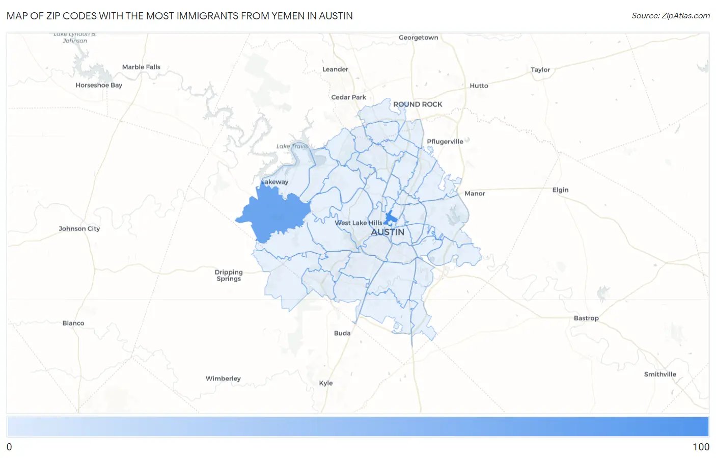Zip Codes with the Most Immigrants from Yemen in Austin Map
