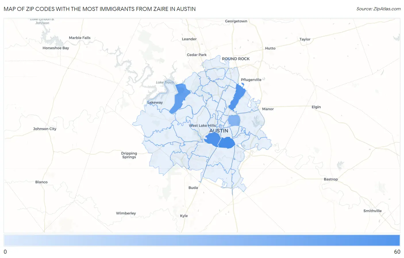 Zip Codes with the Most Immigrants from Zaire in Austin Map