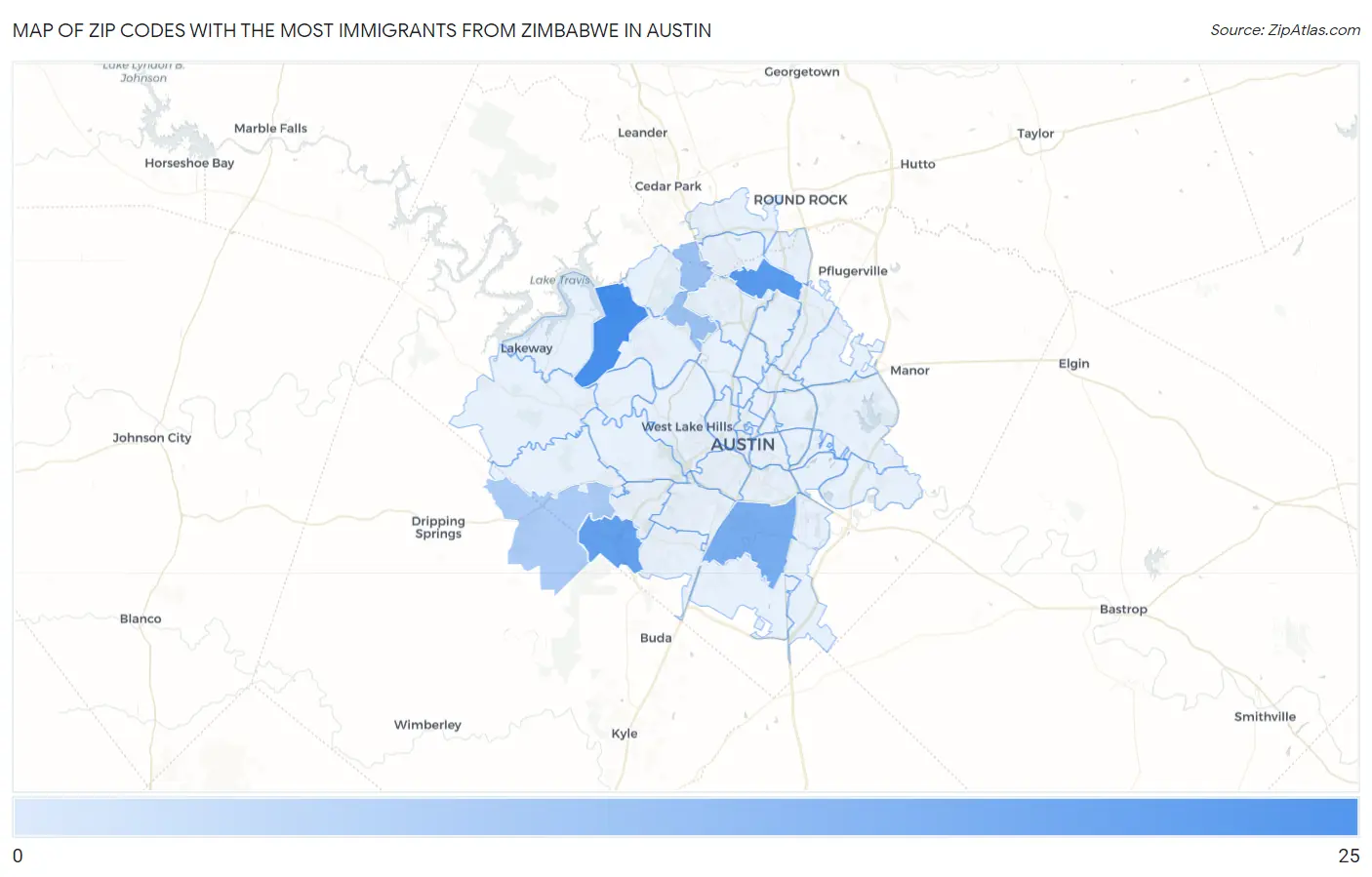 Zip Codes with the Most Immigrants from Zimbabwe in Austin Map