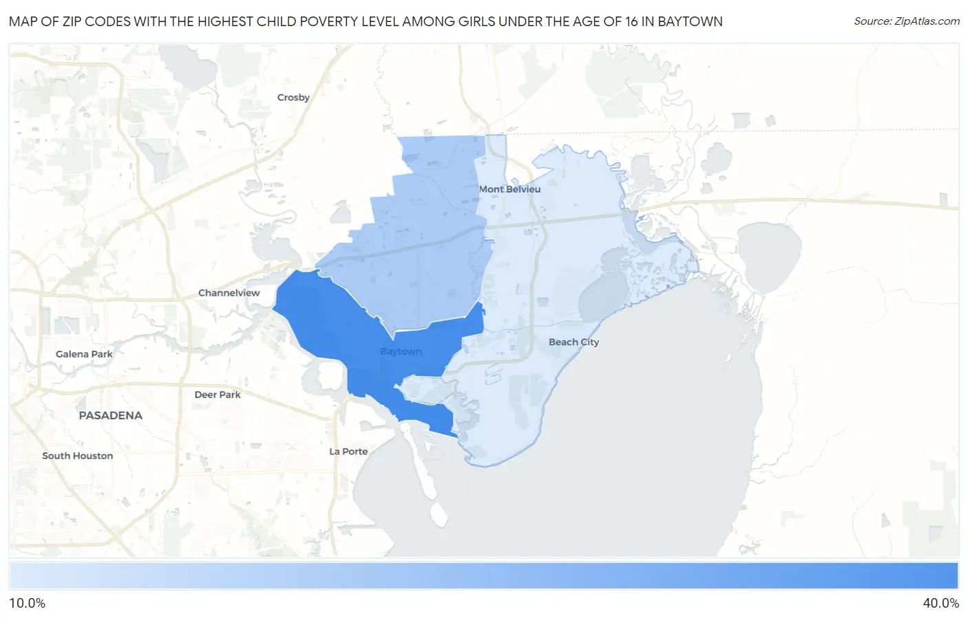 Zip Codes with the Highest Child Poverty Level Among Girls Under the Age of 16 in Baytown Map