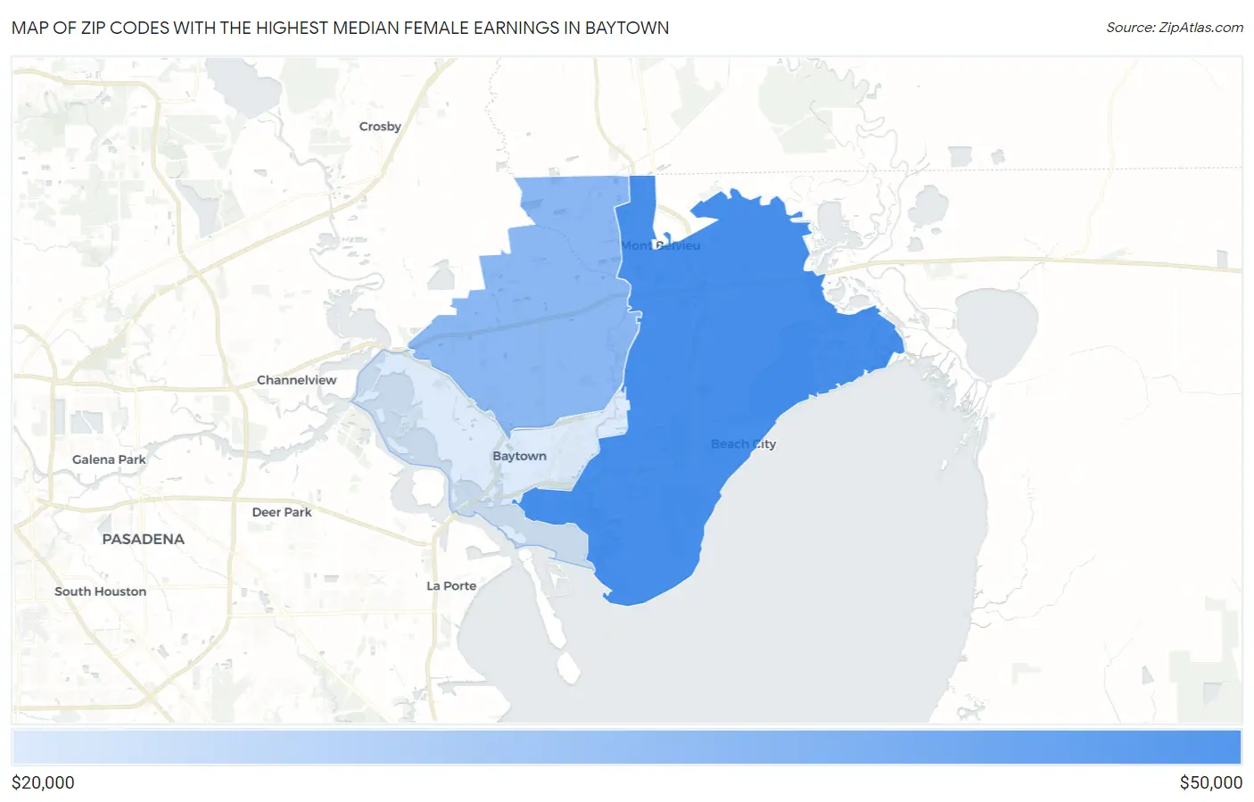 Zip Codes with the Highest Median Female Earnings in Baytown Map