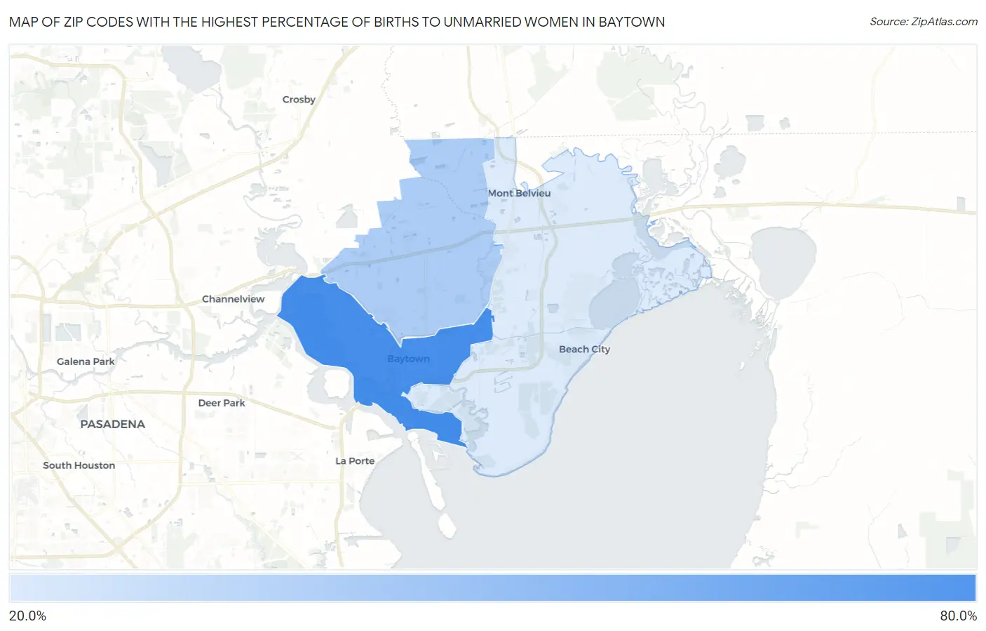 Zip Codes with the Highest Percentage of Births to Unmarried Women in Baytown Map