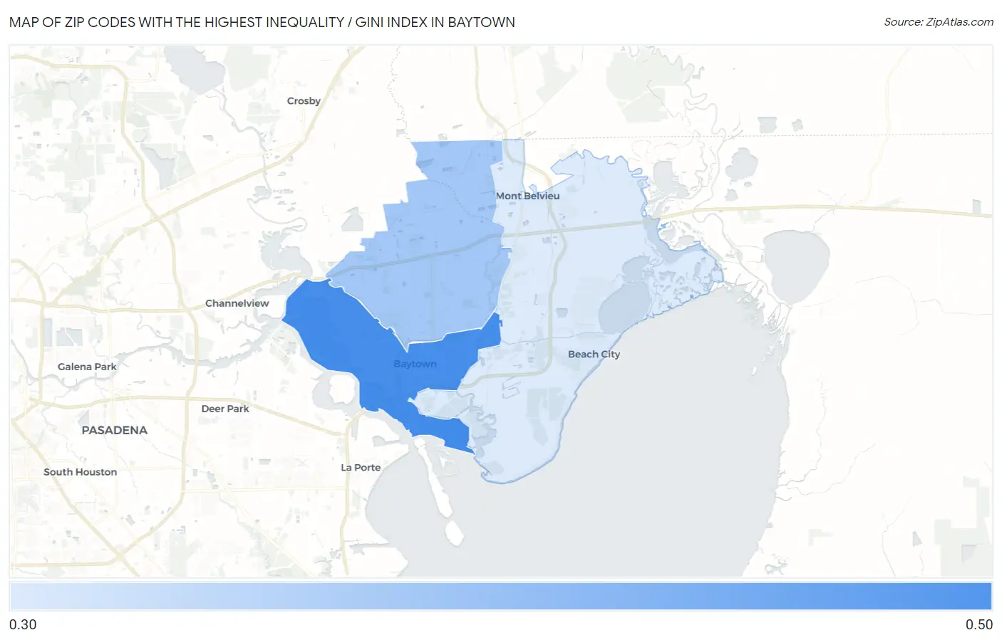 Zip Codes with the Highest Inequality / Gini Index in Baytown Map