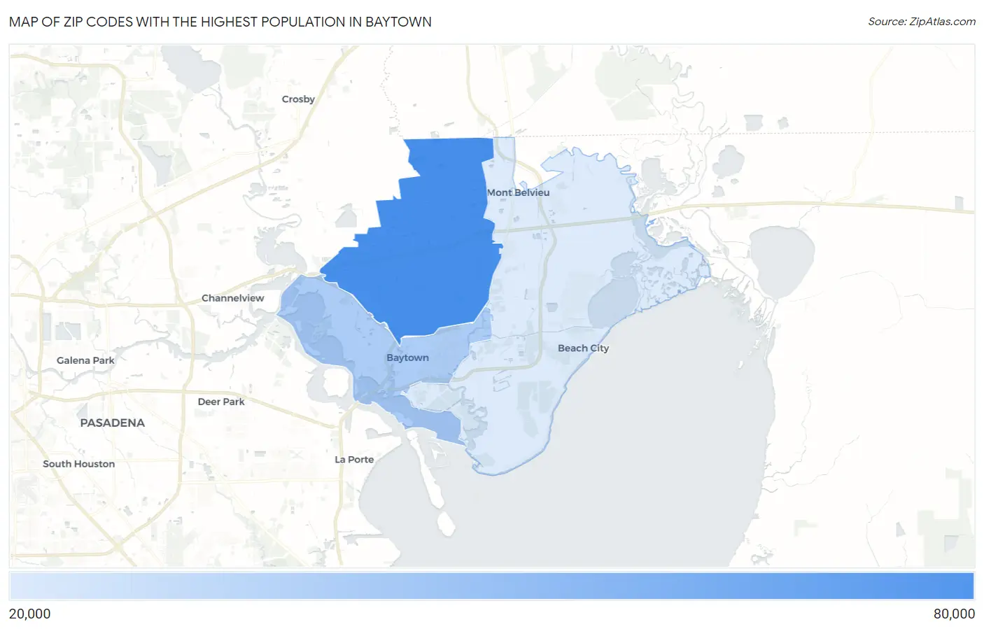 Zip Codes with the Highest Population in Baytown Map