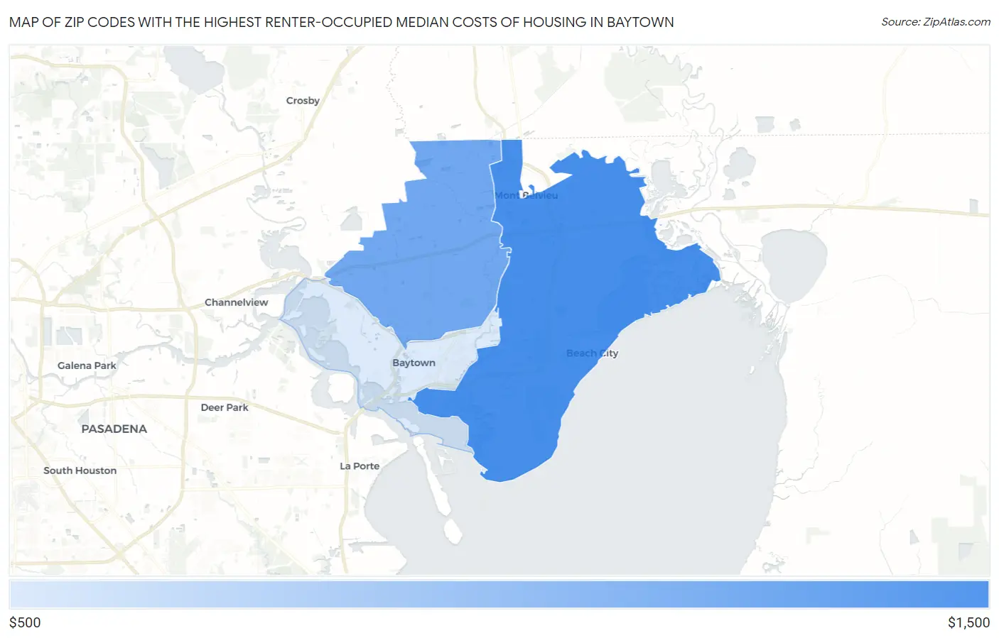 Zip Codes with the Highest Renter-Occupied Median Costs of Housing in Baytown Map