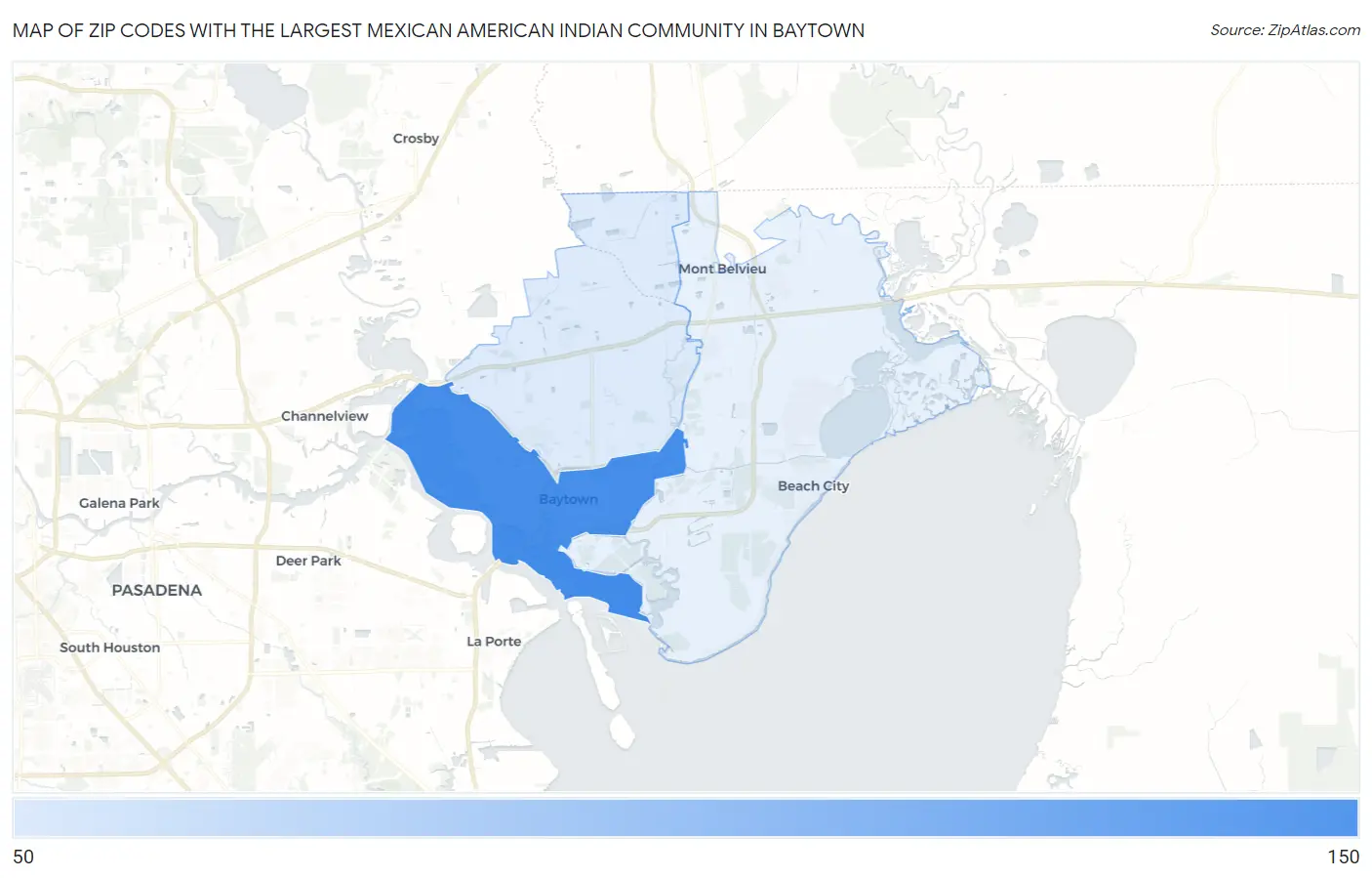 Zip Codes with the Largest Mexican American Indian Community in Baytown Map