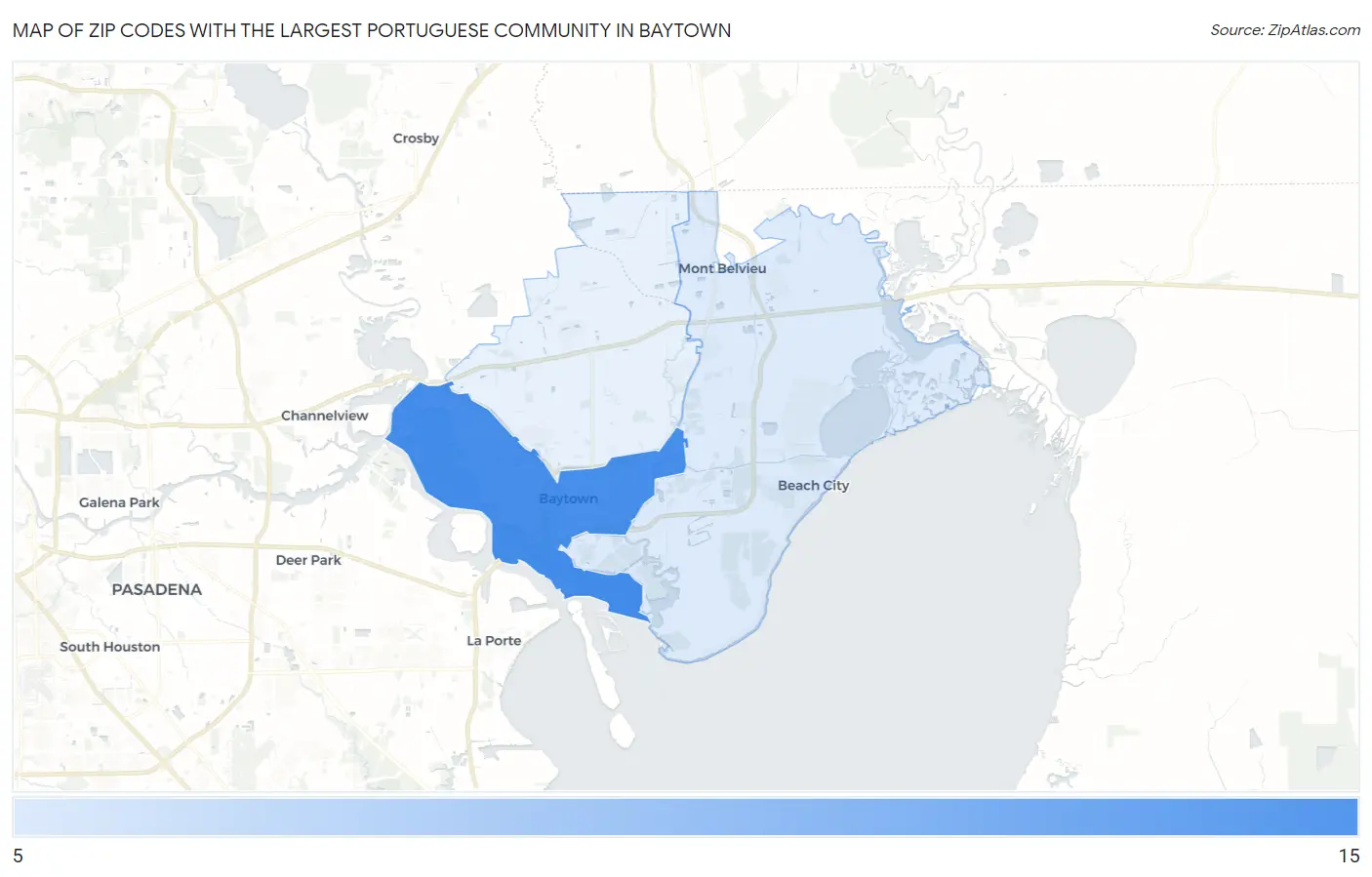Zip Codes with the Largest Portuguese Community in Baytown Map