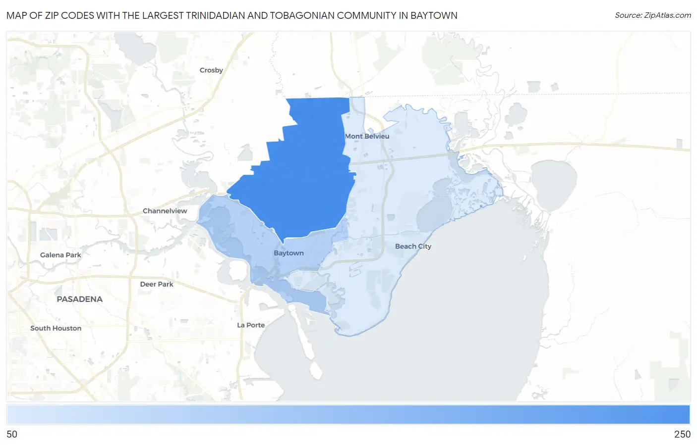 Zip Codes with the Largest Trinidadian and Tobagonian Community in Baytown Map