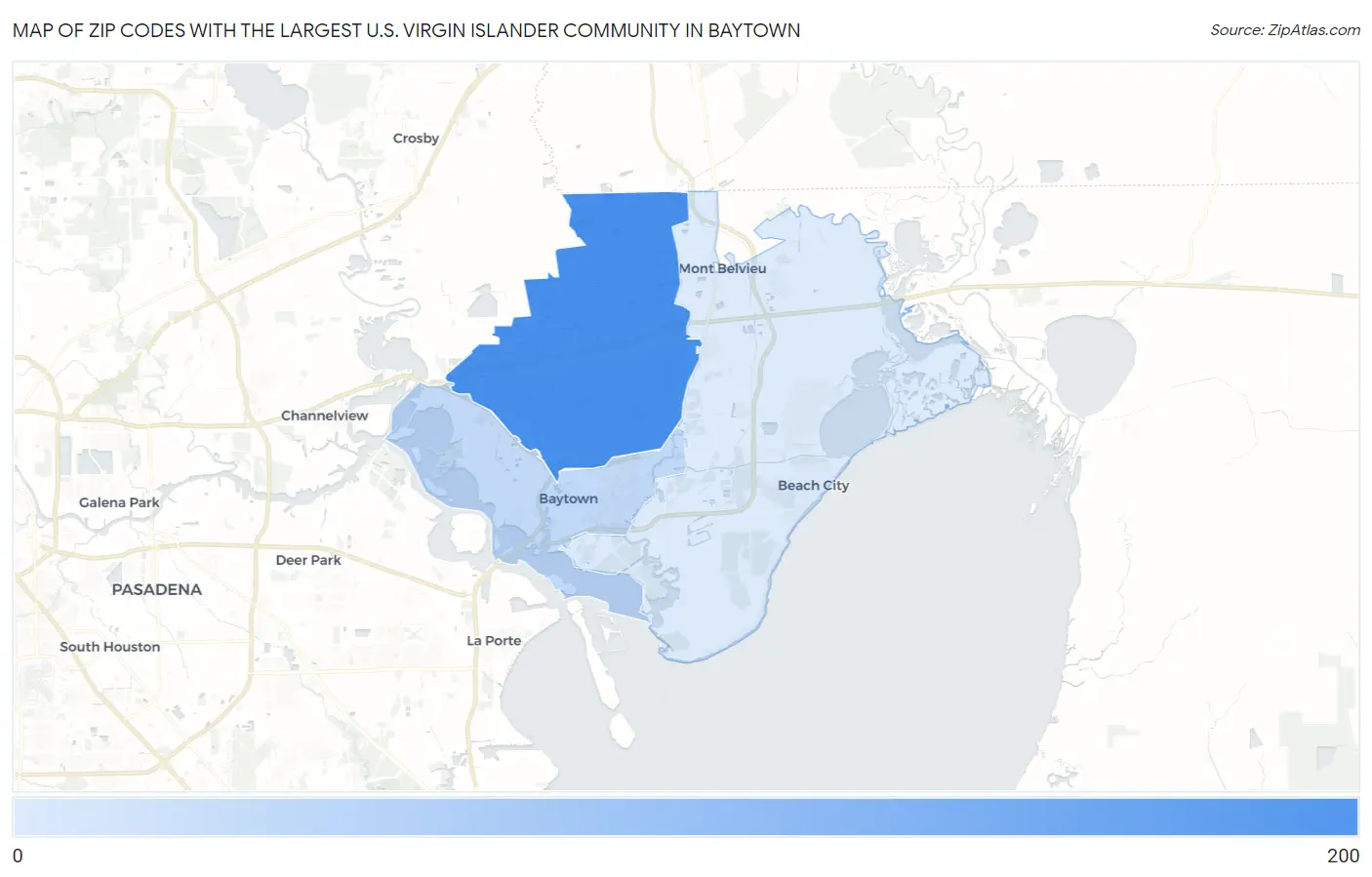 Zip Codes with the Largest U.S. Virgin Islander Community in Baytown Map