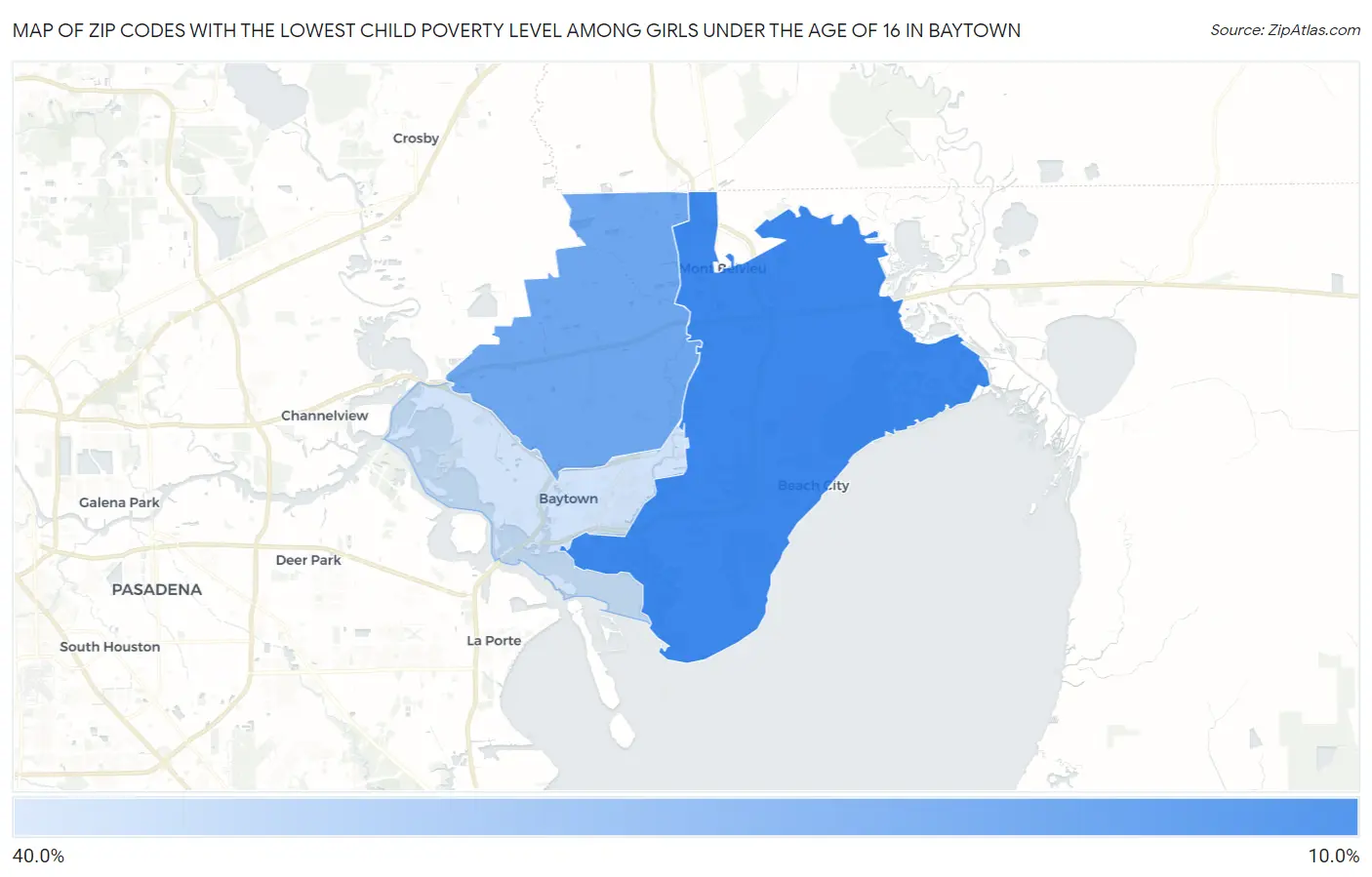 Zip Codes with the Lowest Child Poverty Level Among Girls Under the Age of 16 in Baytown Map