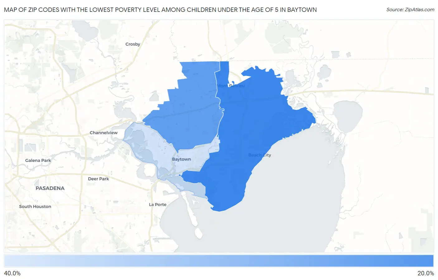 Zip Codes with the Lowest Poverty Level Among Children Under the Age of 5 in Baytown Map