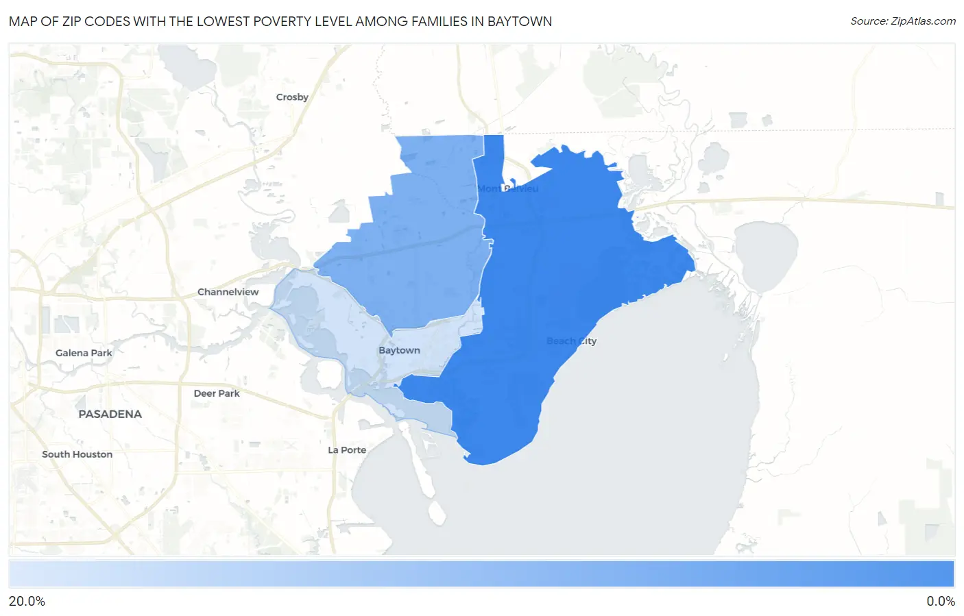 Zip Codes with the Lowest Poverty Level Among Families in Baytown Map