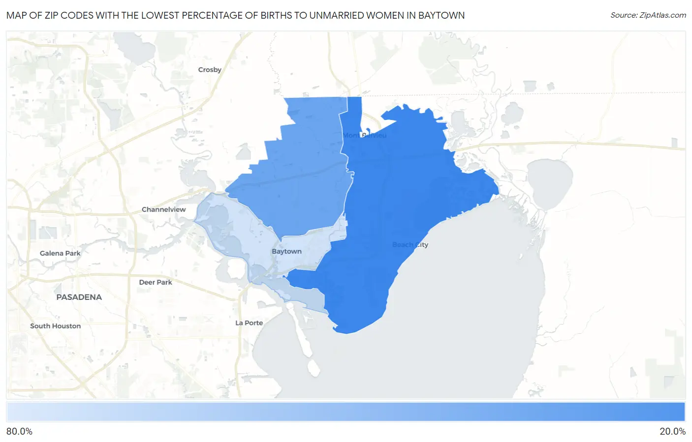 Zip Codes with the Lowest Percentage of Births to Unmarried Women in Baytown Map