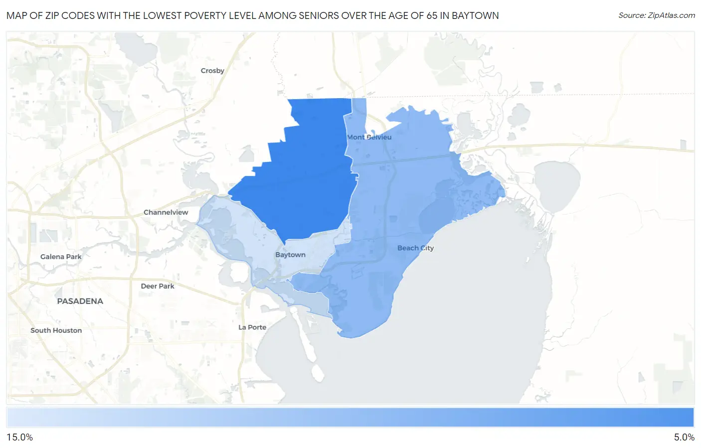 Zip Codes with the Lowest Poverty Level Among Seniors Over the Age of 65 in Baytown Map