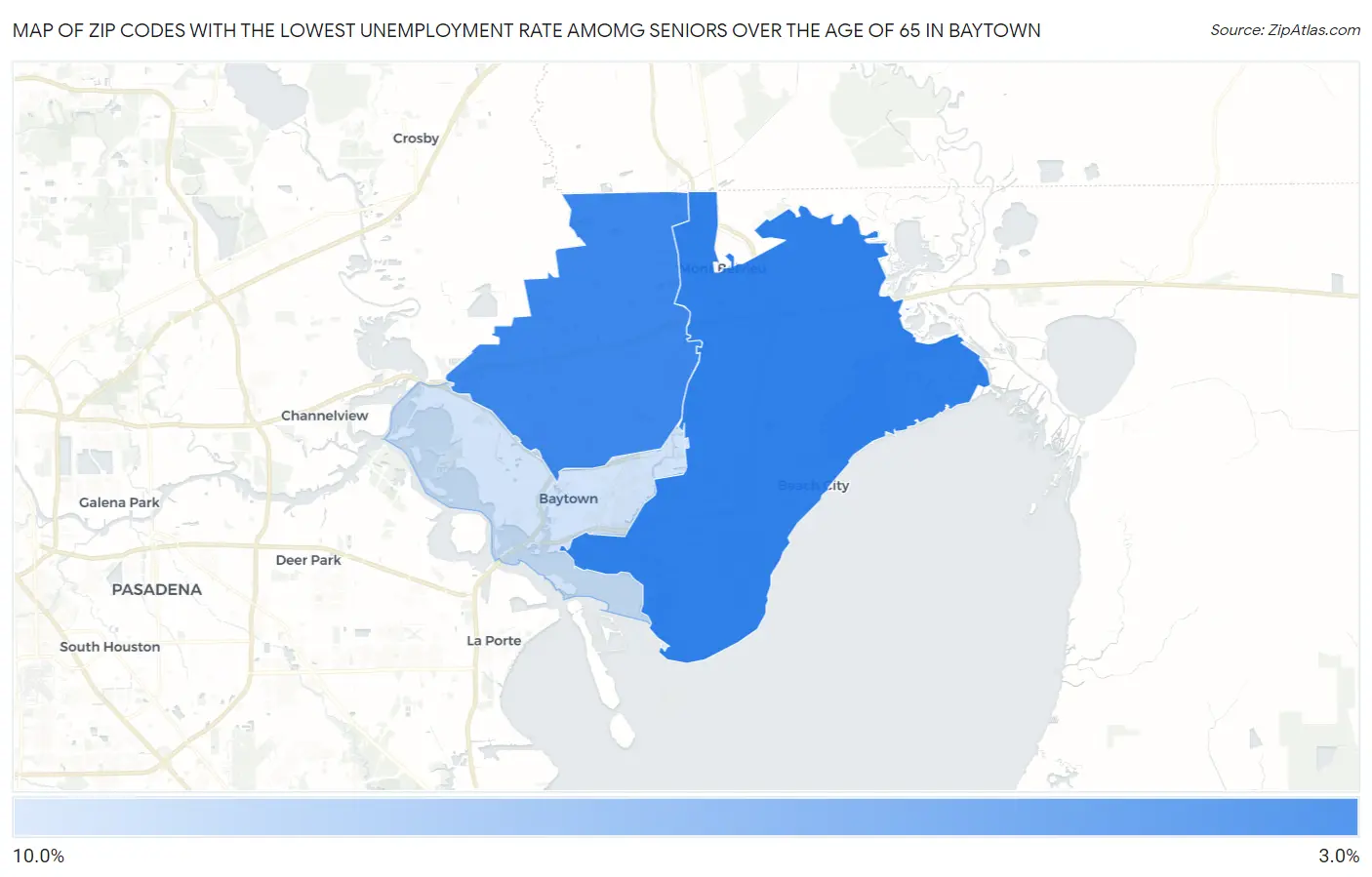 Zip Codes with the Lowest Unemployment Rate Amomg Seniors Over the Age of 65 in Baytown Map