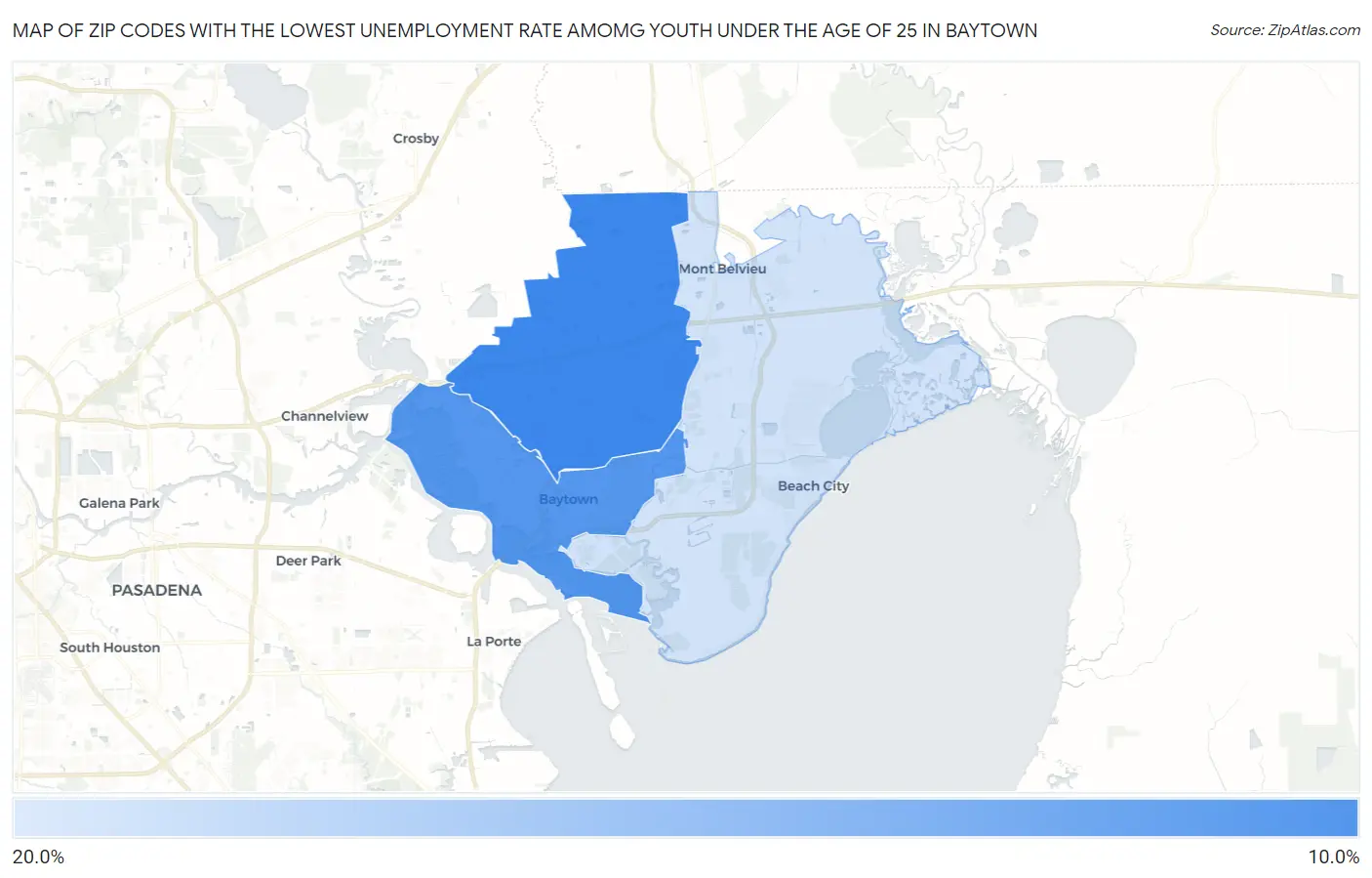 Zip Codes with the Lowest Unemployment Rate Amomg Youth Under the Age of 25 in Baytown Map