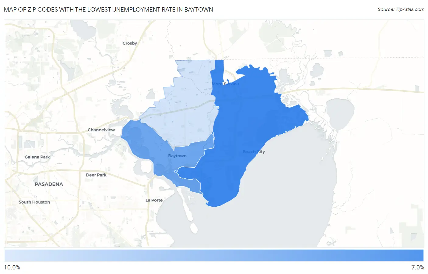 Zip Codes with the Lowest Unemployment Rate in Baytown Map