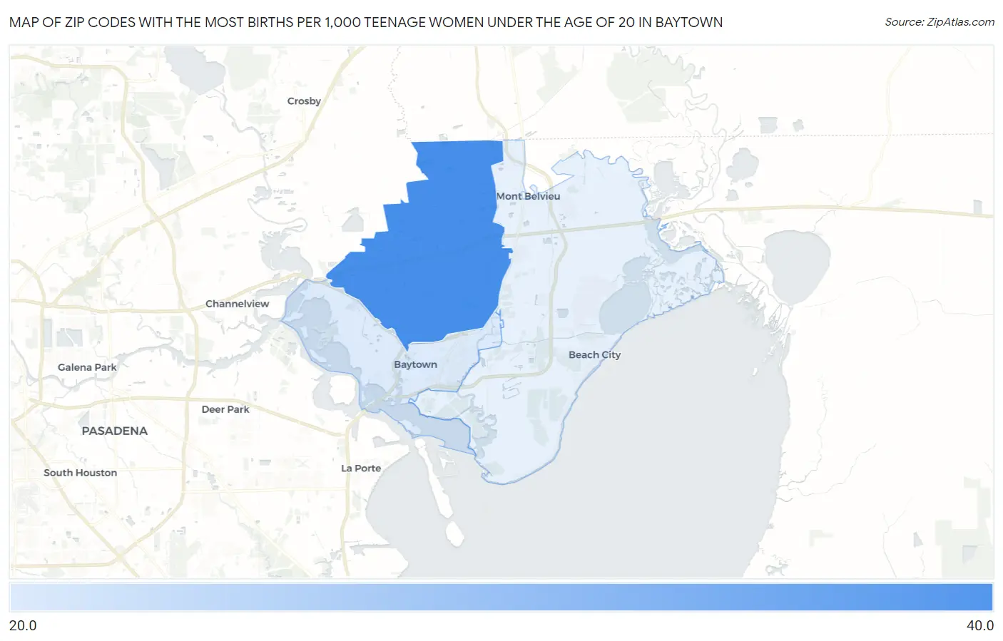 Zip Codes with the Most Births per 1,000 Teenage Women Under the Age of 20 in Baytown Map