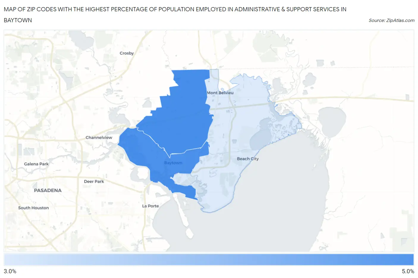 Zip Codes with the Highest Percentage of Population Employed in Administrative & Support Services in Baytown Map