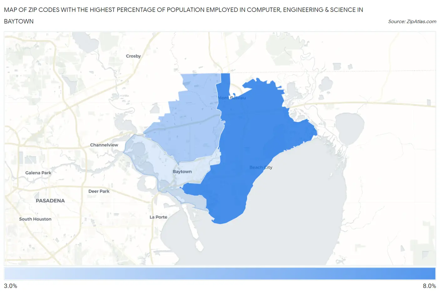 Zip Codes with the Highest Percentage of Population Employed in Computer, Engineering & Science in Baytown Map