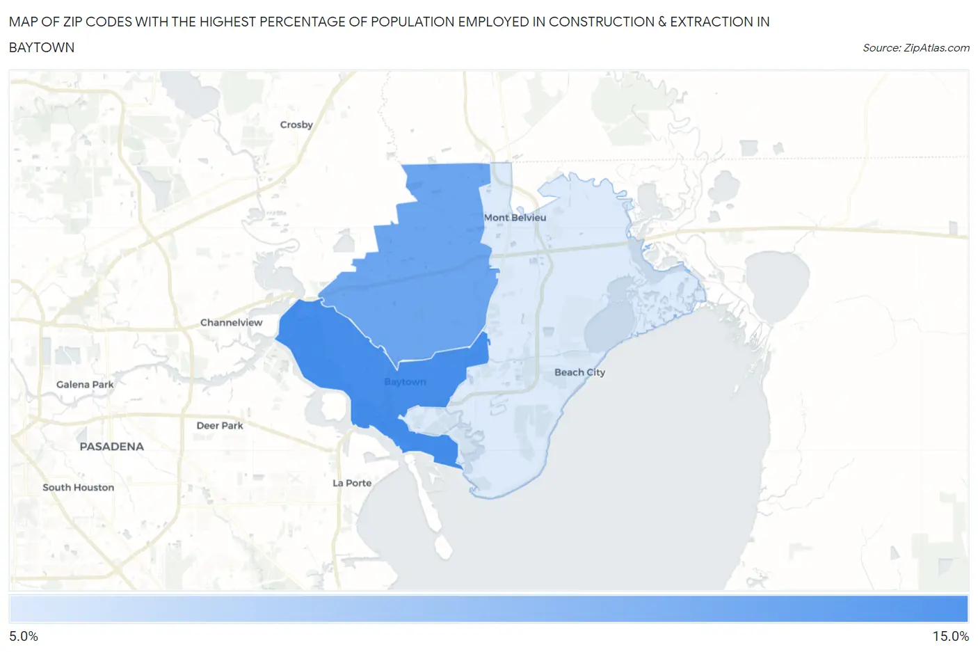 Zip Codes with the Highest Percentage of Population Employed in Construction & Extraction in Baytown Map
