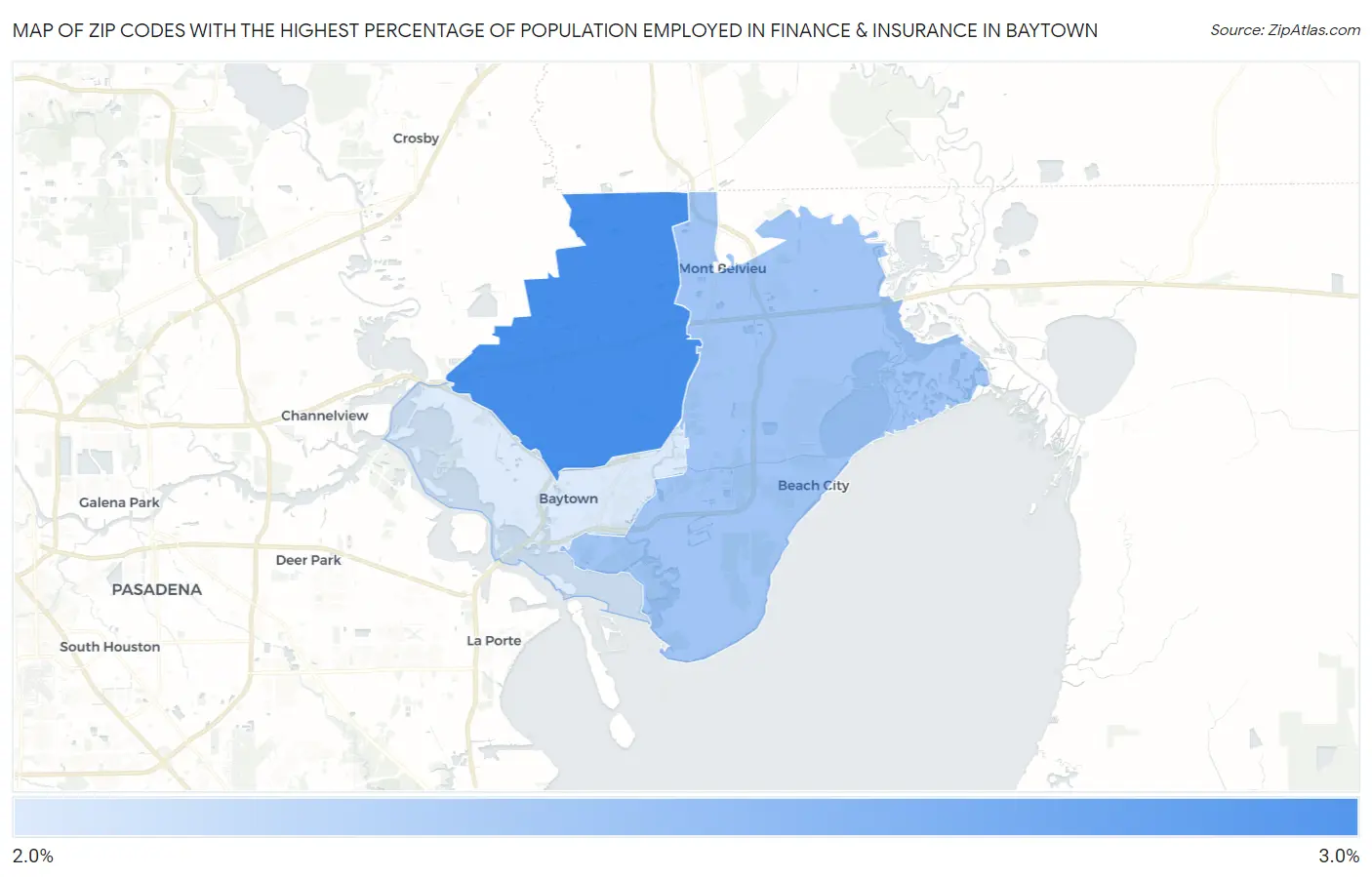Zip Codes with the Highest Percentage of Population Employed in Finance & Insurance in Baytown Map