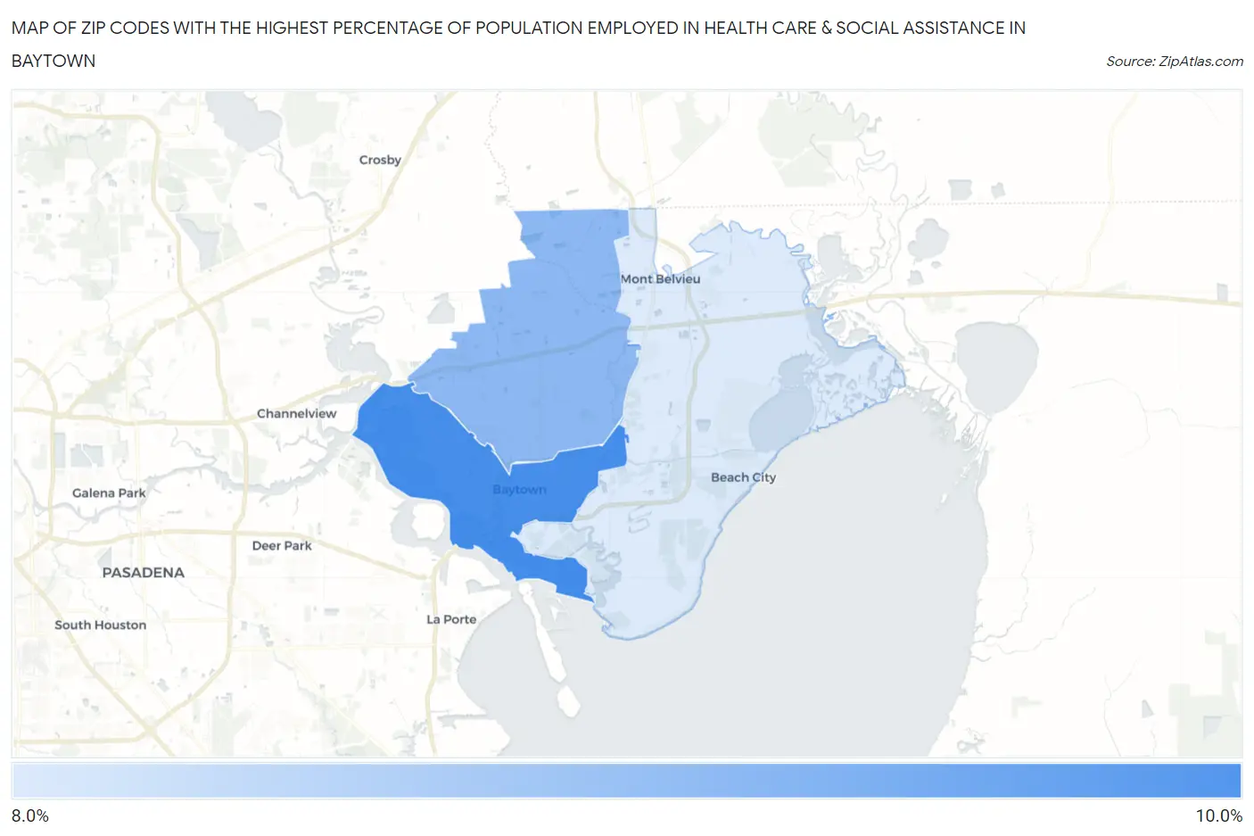 Zip Codes with the Highest Percentage of Population Employed in Health Care & Social Assistance in Baytown Map