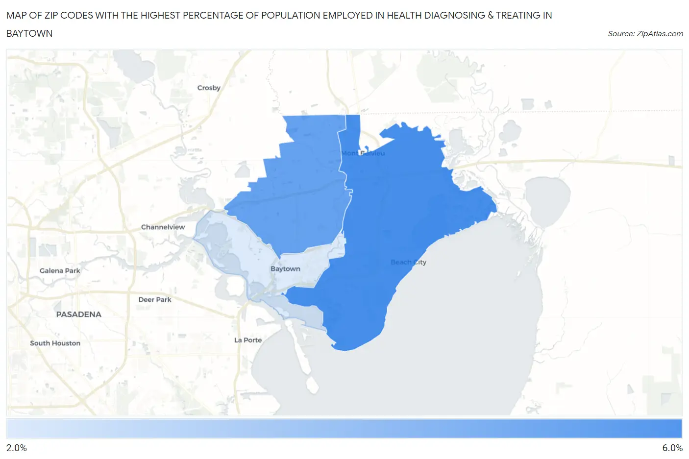 Zip Codes with the Highest Percentage of Population Employed in Health Diagnosing & Treating in Baytown Map