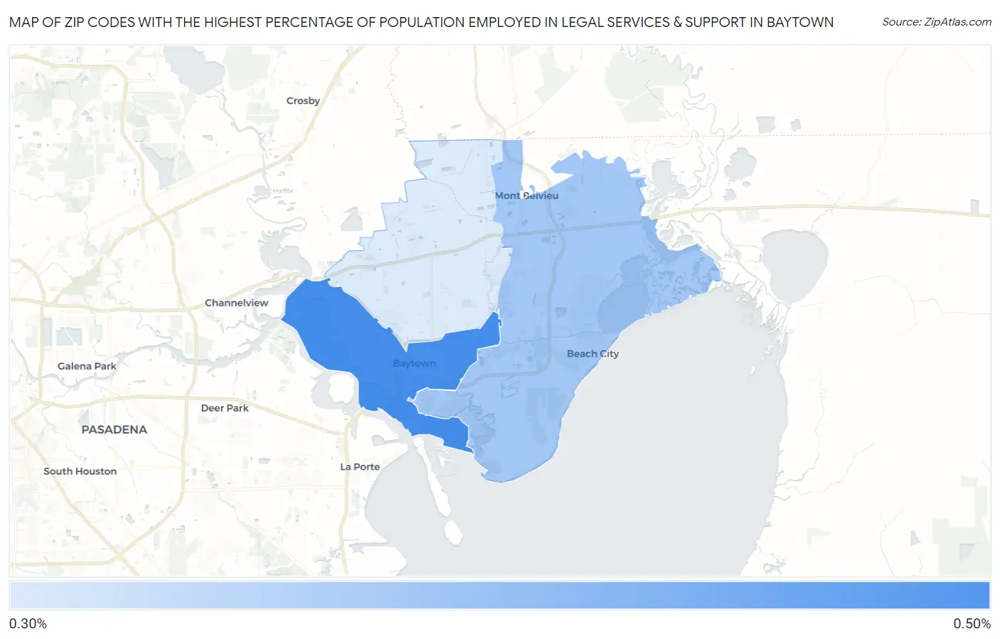 Zip Codes with the Highest Percentage of Population Employed in Legal Services & Support in Baytown Map