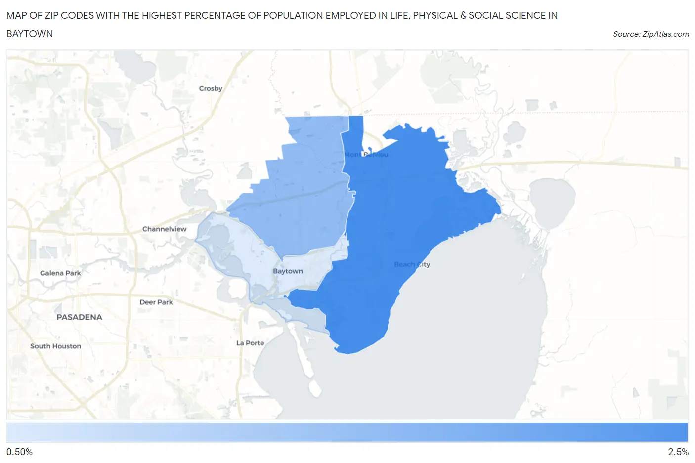 Zip Codes with the Highest Percentage of Population Employed in Life, Physical & Social Science in Baytown Map
