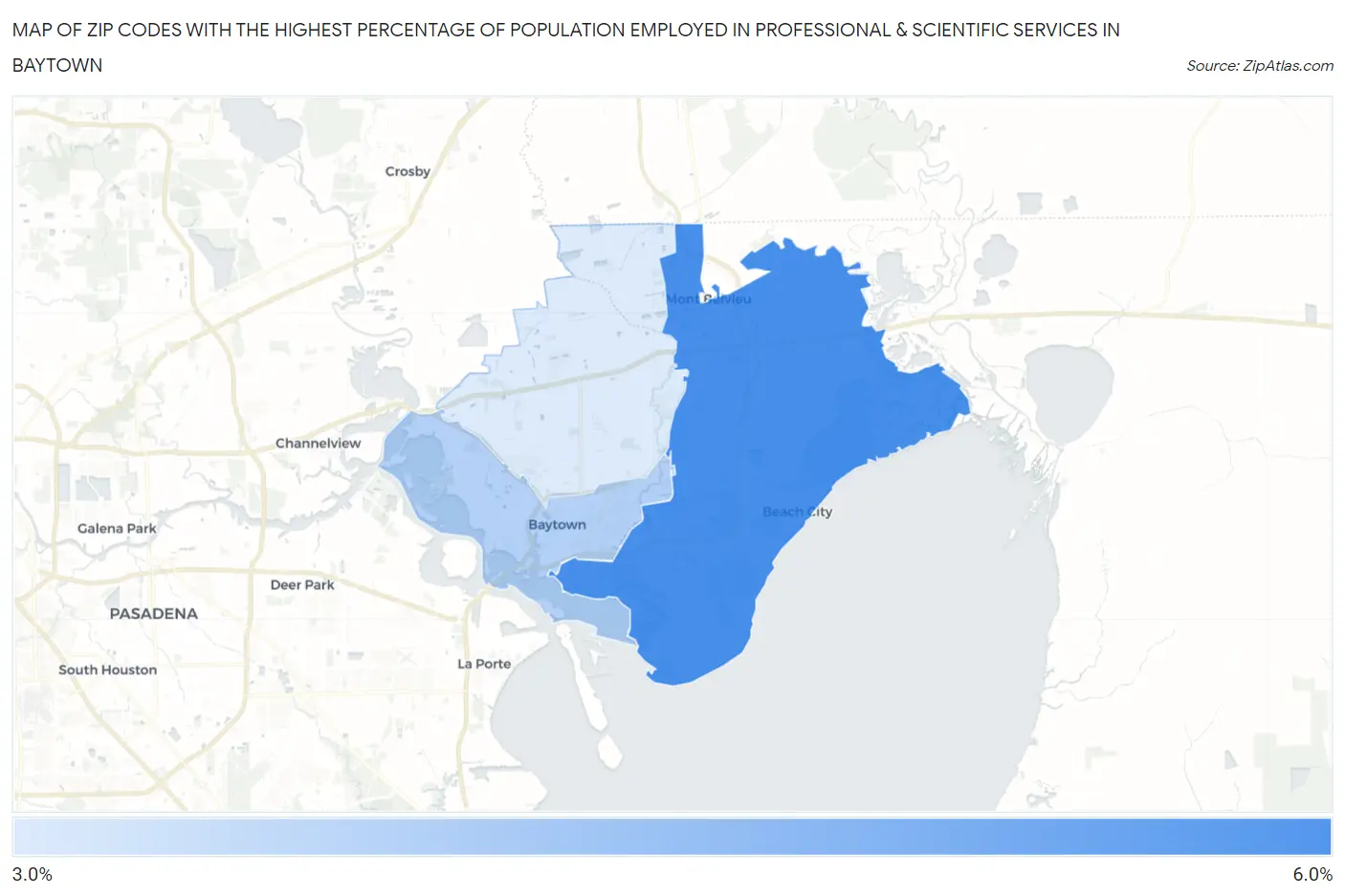 Zip Codes with the Highest Percentage of Population Employed in Professional & Scientific Services in Baytown Map