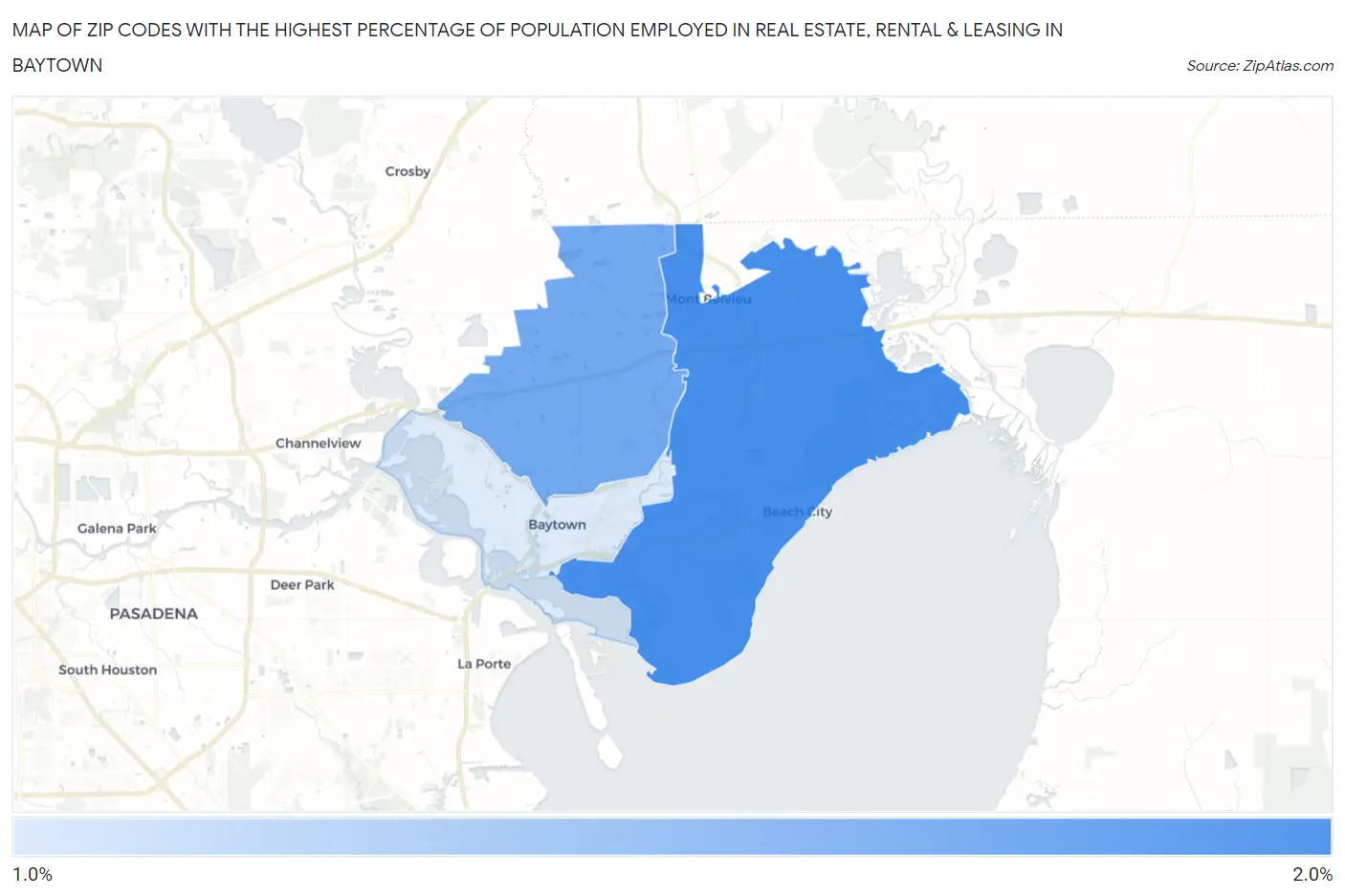 Zip Codes with the Highest Percentage of Population Employed in Real Estate, Rental & Leasing in Baytown Map