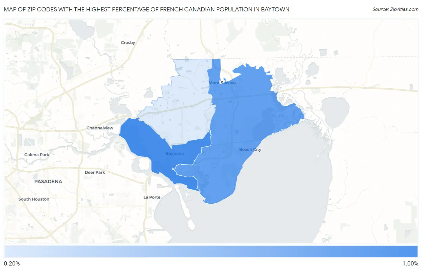 Zip Codes with the Highest Percentage of French Canadian Population in Baytown Map